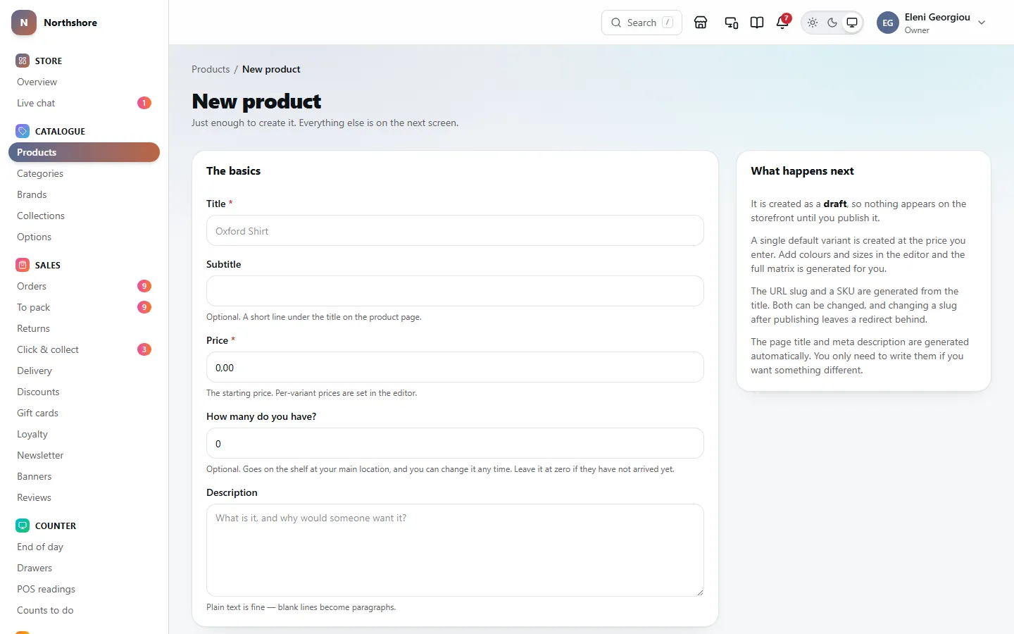 A new product: its title, subtitle, price, how many you have and a description, with what happens next on the right.