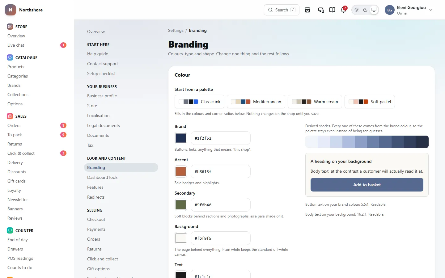 Branding: palettes to start from, the brand, accent, secondary and background colours, and a preview showing how readable the text and buttons are.