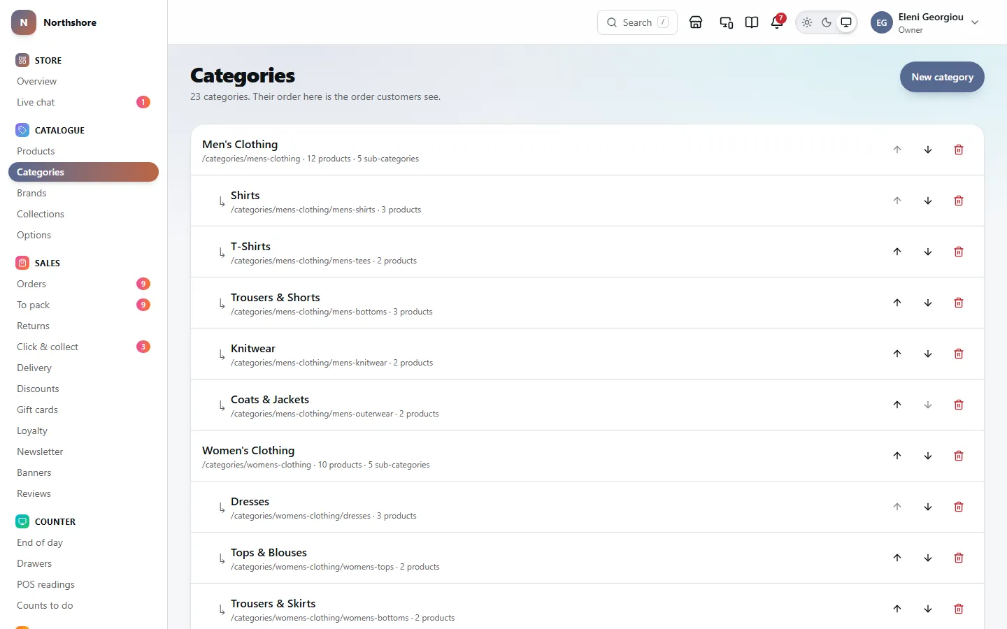 Categories: Men’s and Women’s Clothing with their sub-categories, each with its address and number of products, and arrows to change the order.