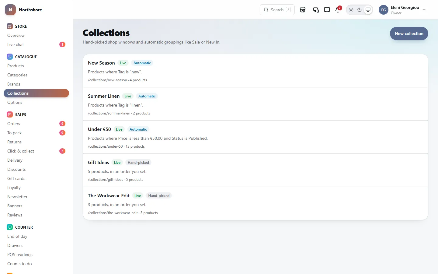 Collections: each collection, such as New Season and Gift Ideas, marked automatic with its rule or hand-picked, with its address and number of products.