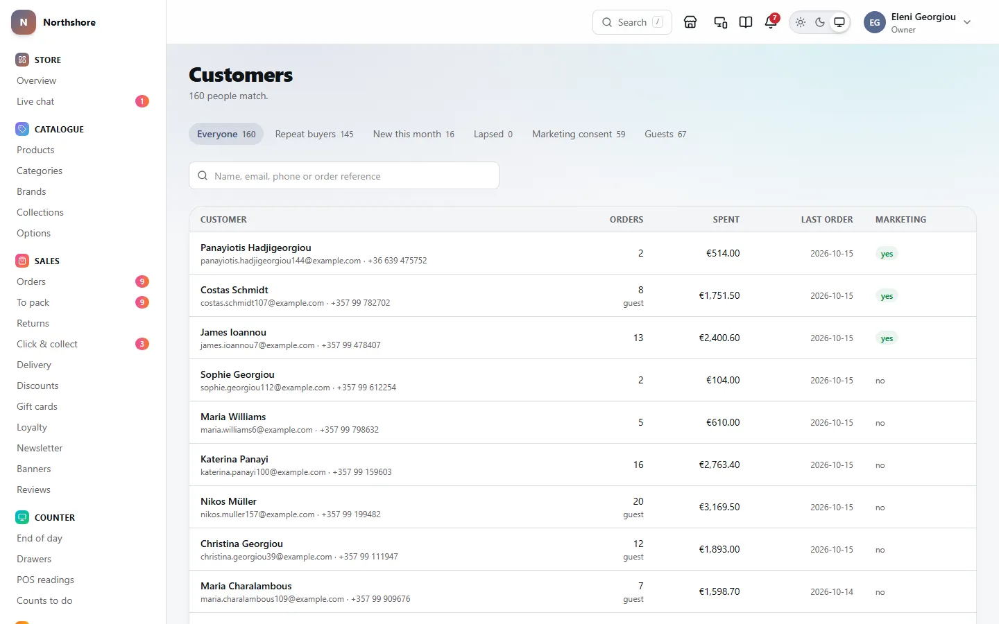 The customers list: tabs such as Repeat buyers and Marketing consent, a search, and each customer with their orders, amount spent, last order and marketing consent.