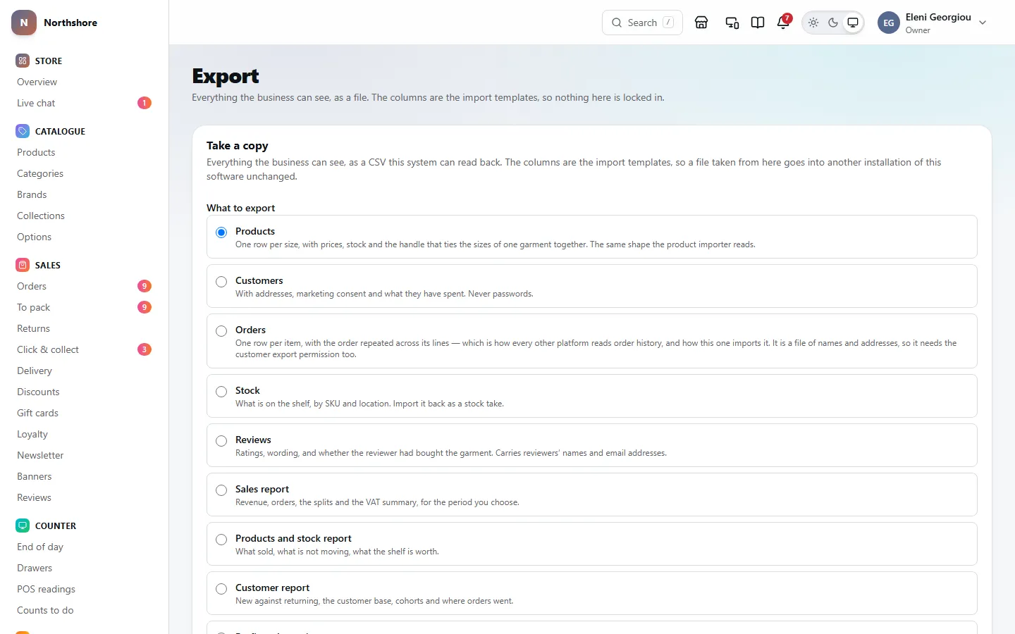 Export: choosing what to take a copy of, such as products, customers, orders, stock or a report.
