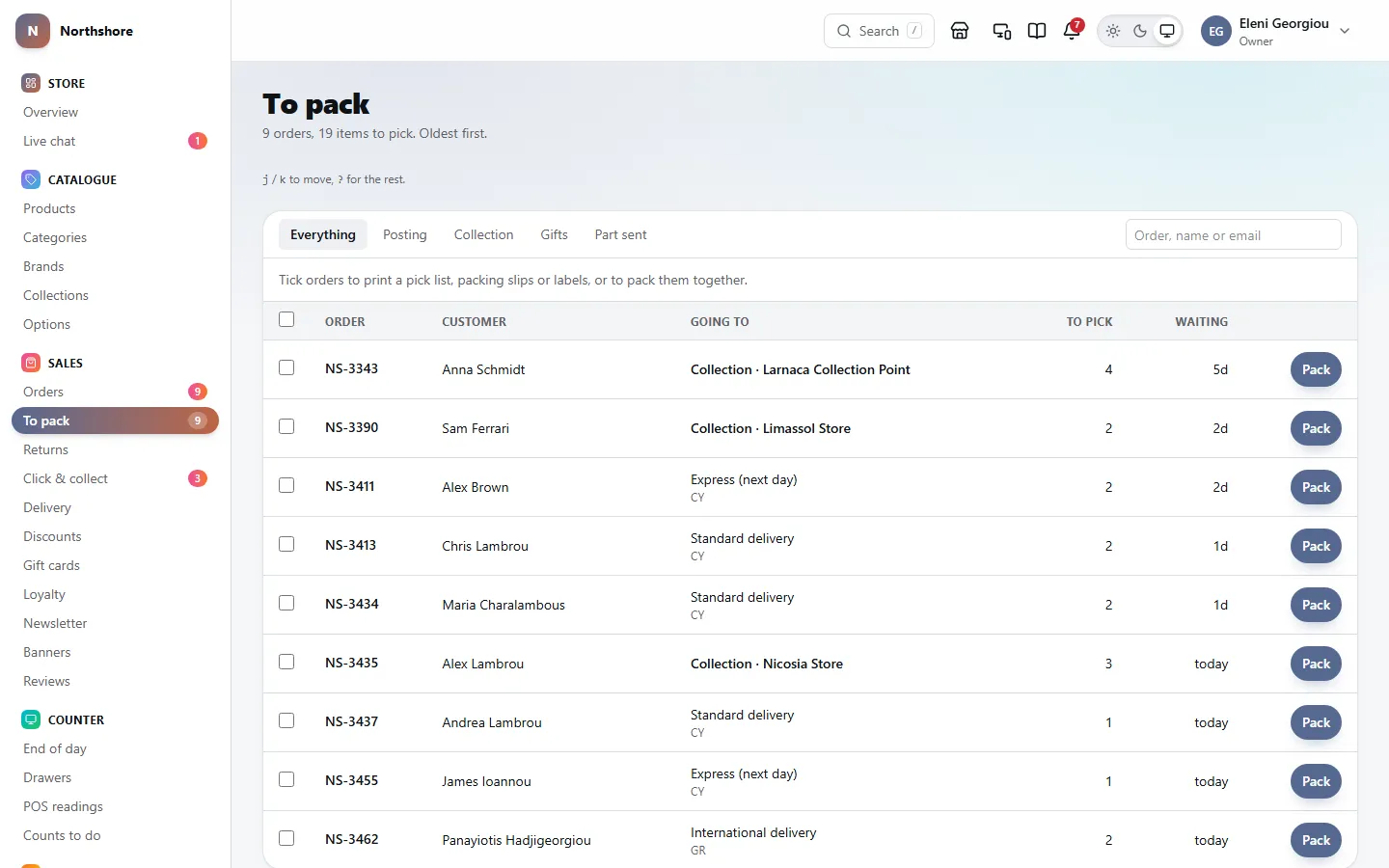 To pack: the paid orders waiting, oldest first, each with its customer, delivery or collection, items to pick and how long it has waited, and a Pack button.