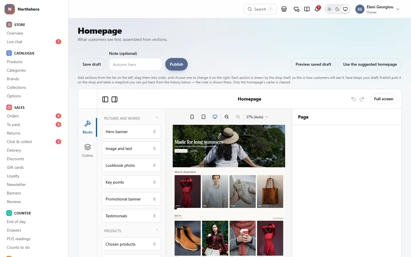 The homepage builder: the kinds of section on the left, the homepage drawn by the shop in the middle, starting with its hero banner, and the chosen section’s settings on the right, with Save draft and Publish above.