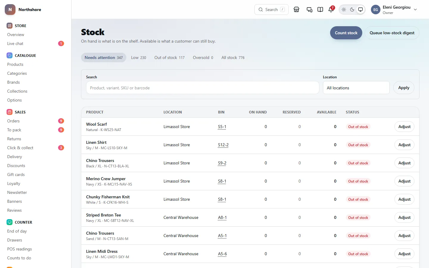 Stock: tabs for what needs attention, low and out of stock, a search with a location filter, and each item with its location, bin, on hand, reserved and available, and an Adjust button.