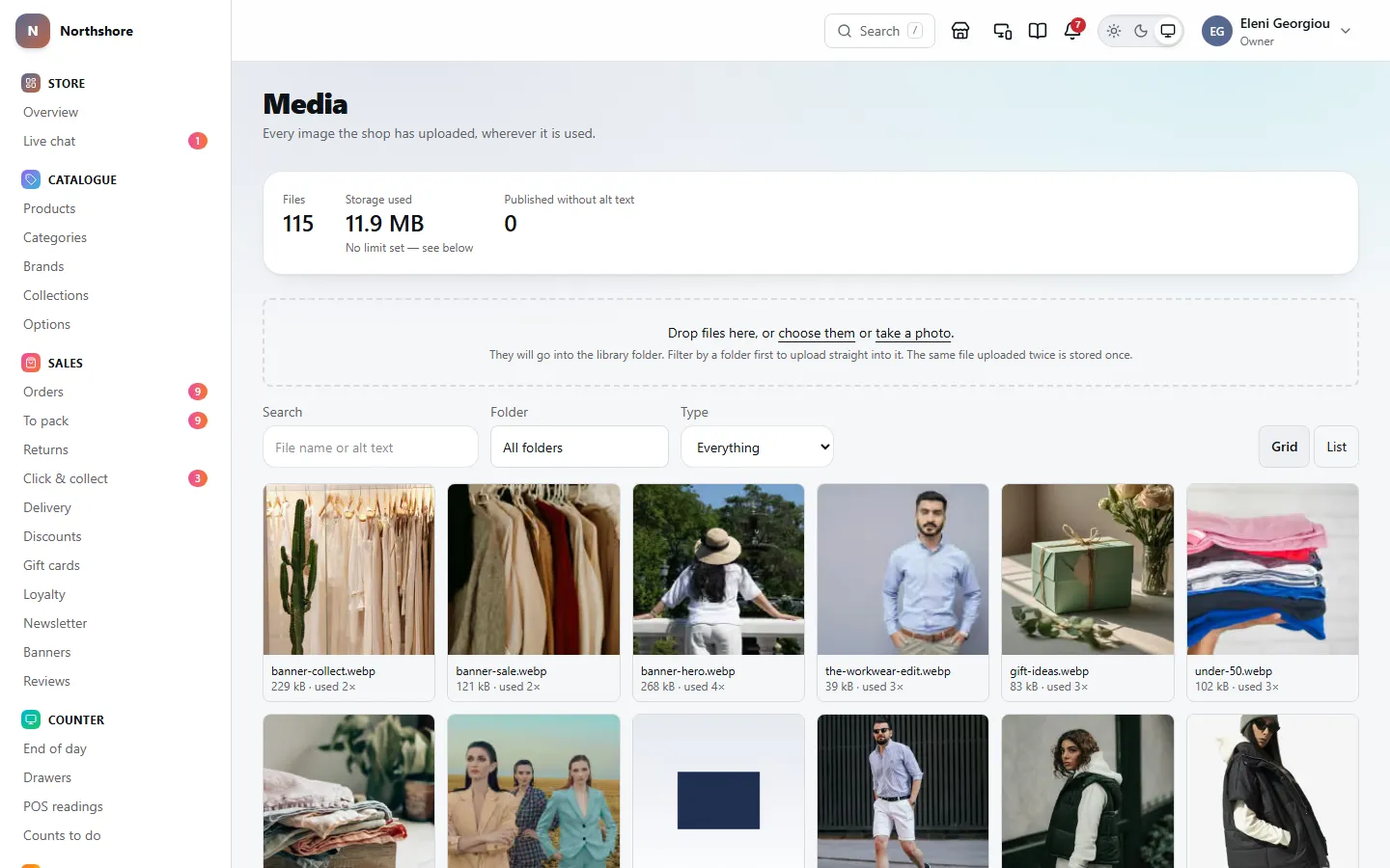 The media library: how many files there are and the space they use, a place to drop files, search and filters, and the pictures as a grid.