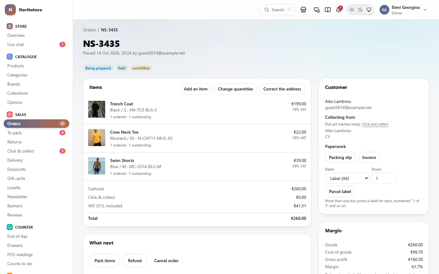 An order’s page: the items, totals and VAT, the buttons for what happens next, and the customer, collection and paperwork on the right.