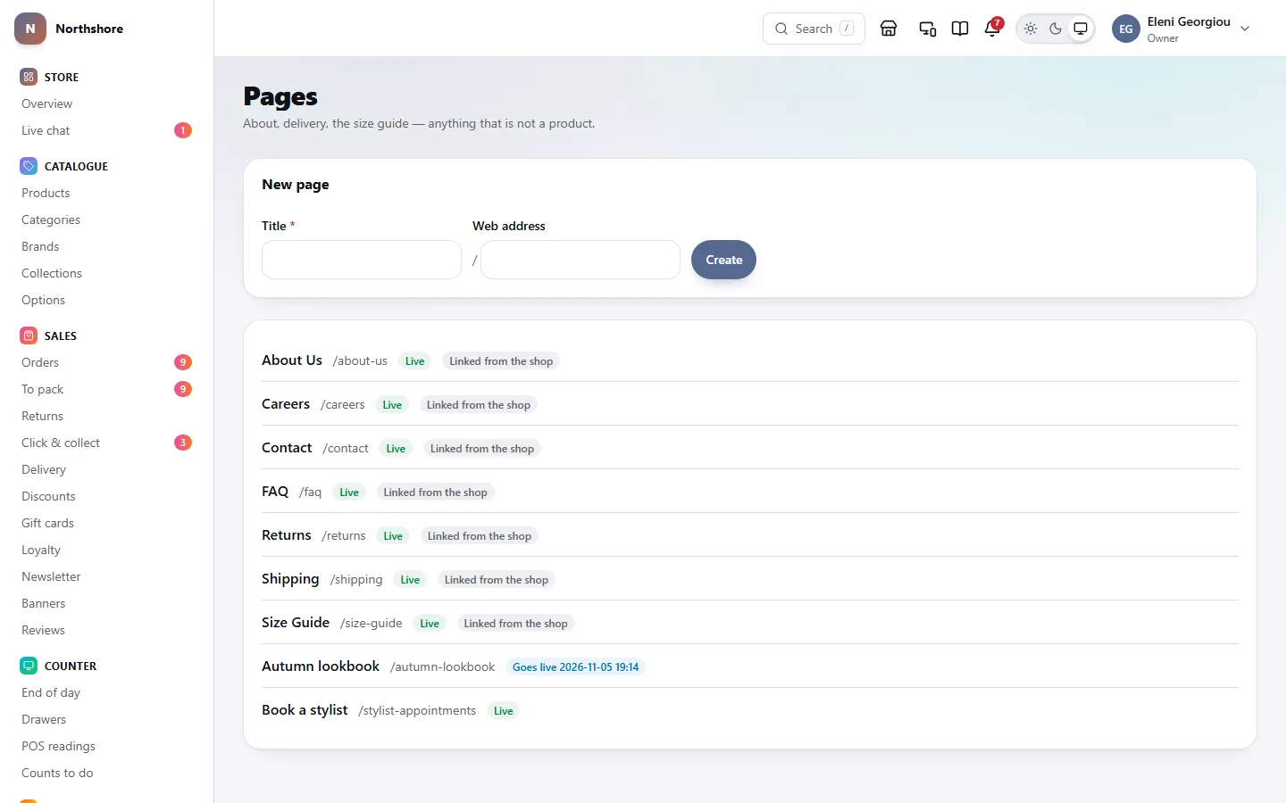 Pages: a form for a new page, and each page, such as About Us and Contact, with its address, whether it is live and whether the shop links to it.