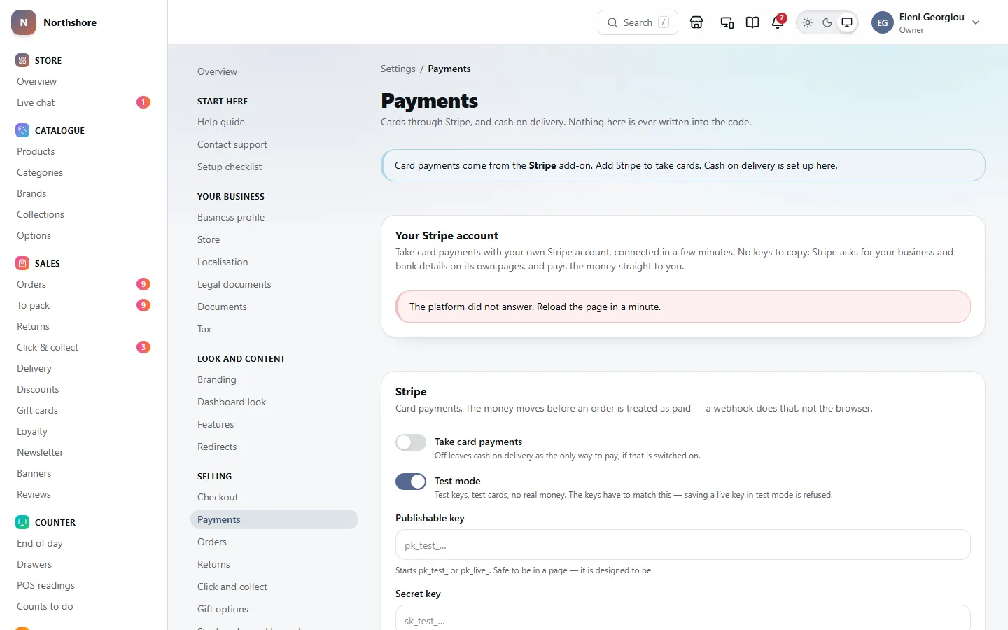 Payments: connecting a Stripe account, switching card payments and test mode on or off, and the keys.