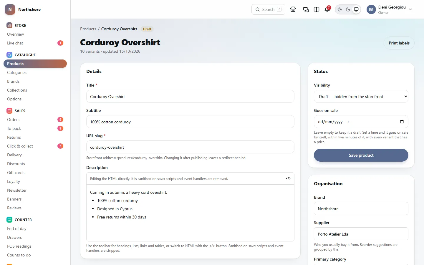 A product’s page: its title, subtitle, address and description, with its visibility, sale date and Save product on the right, and its brand and supplier below.