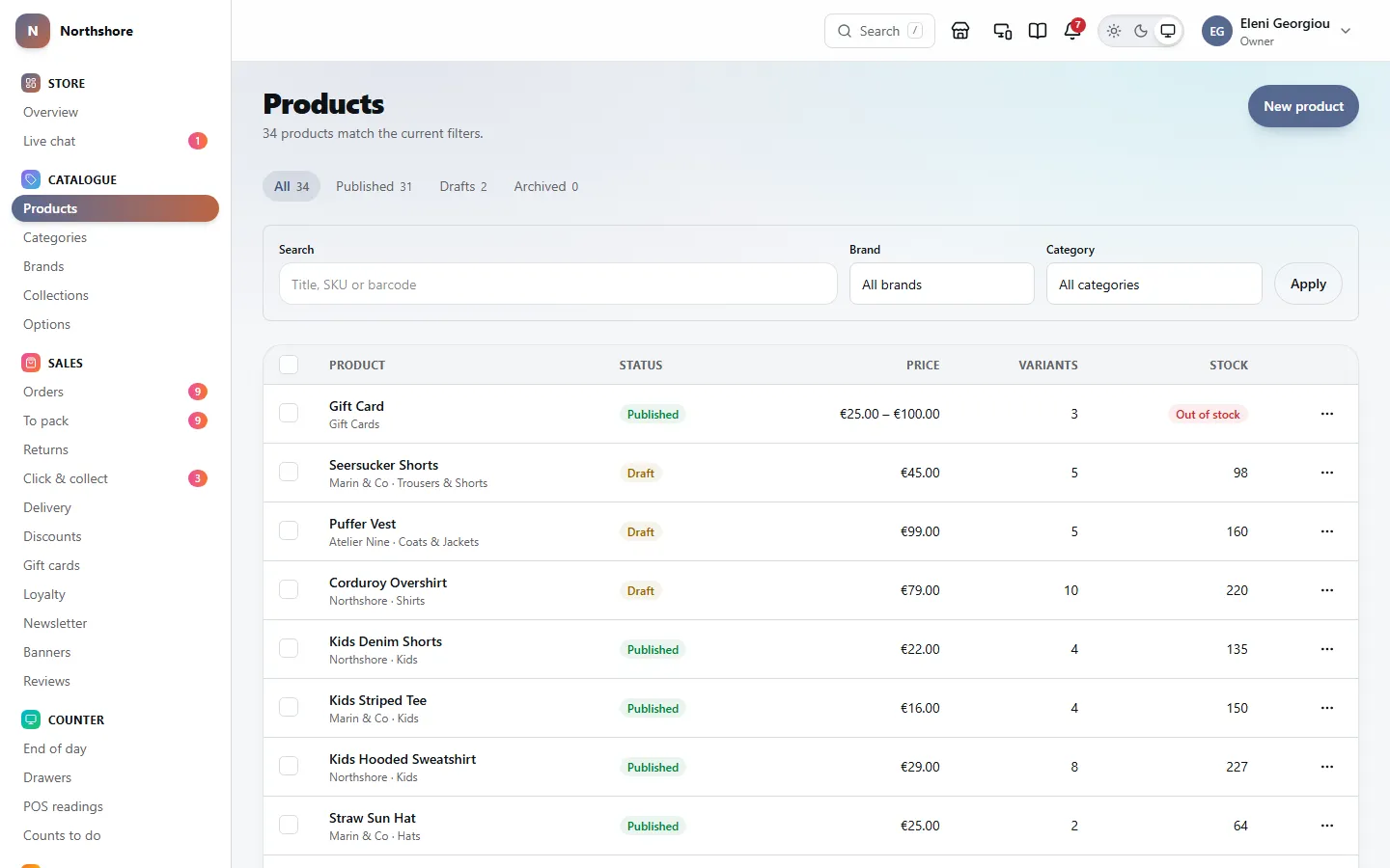 The products list: tabs for all, published, drafts and archived, a search with brand and category filters, and each product with its status, price, variants and stock.