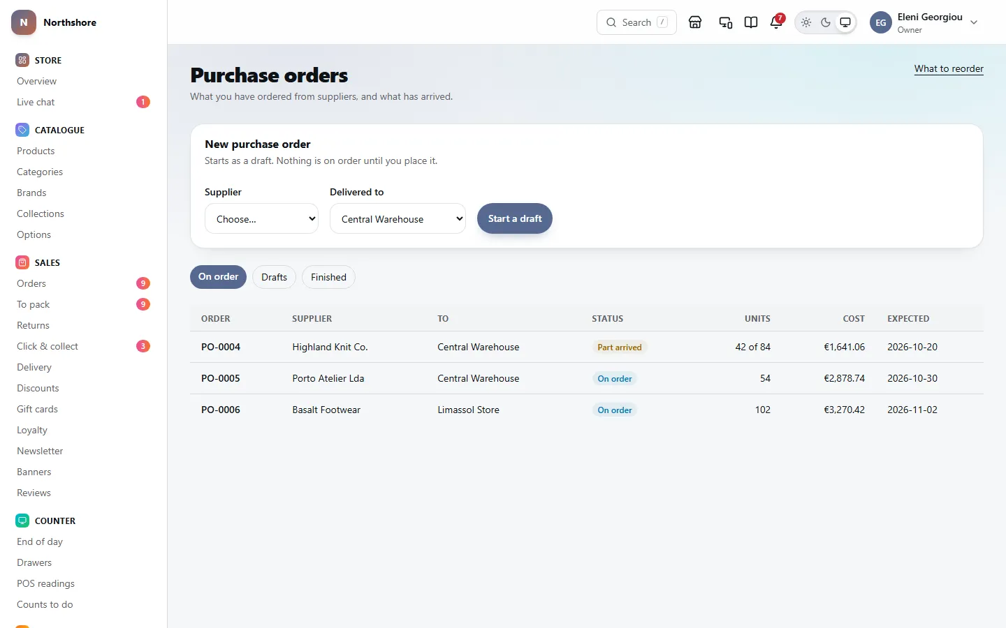 Purchase orders: starting a new one for a supplier, and each order on its way with its supplier, destination, status, units, cost and expected date.