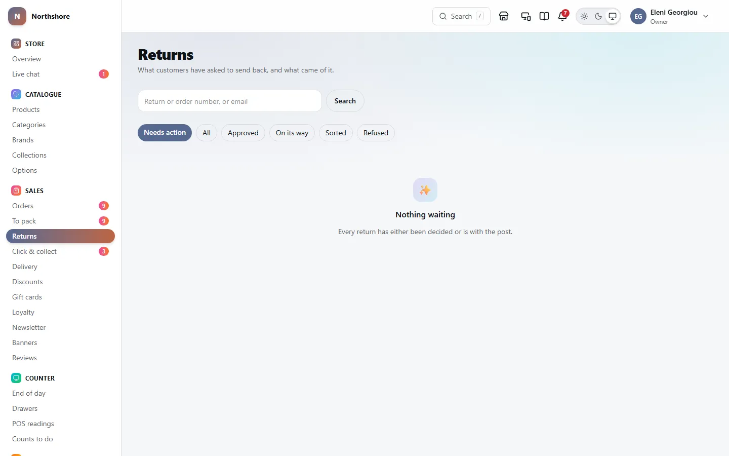 Returns: a search, tabs such as Needs action and Approved, and each return with its order, customer, items, status and how long it has waited.