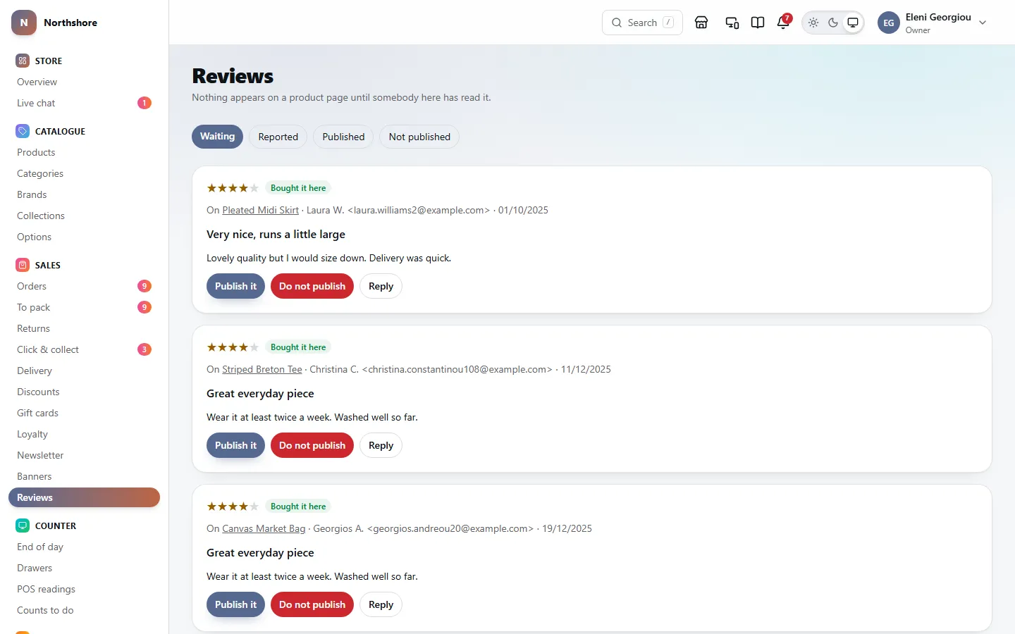 Reviews waiting to be read: each with its stars, the product, who wrote it and their words, and Publish it, Do not publish and Reply buttons.