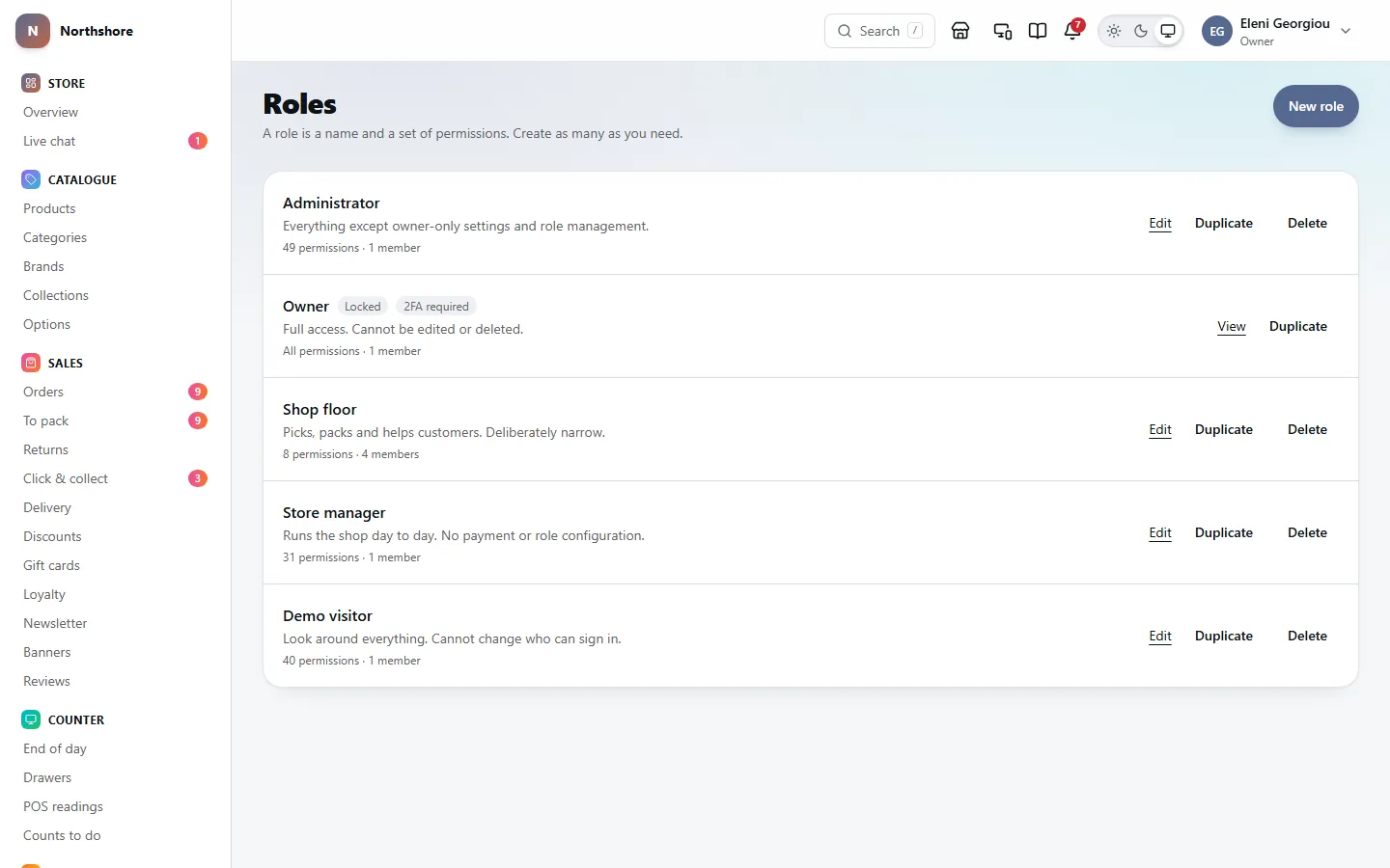 Roles: each role, such as Administrator, Owner and Shop floor, with what it is for, how many permissions and members it has, and Edit, Duplicate and Delete.