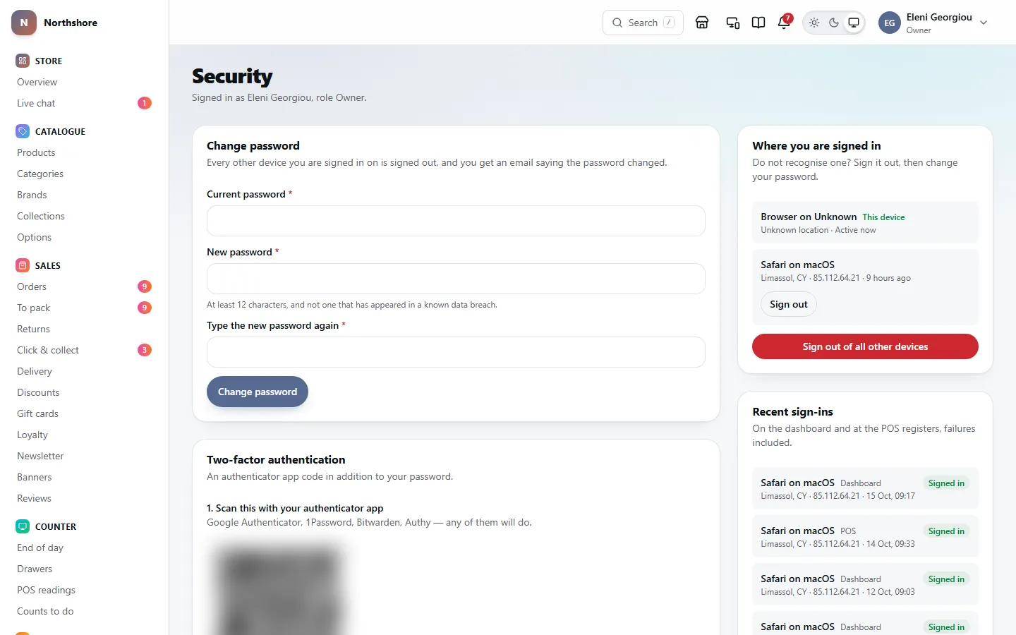 Your security page: changing your password, the devices you are signed in on with Sign out buttons, your recent sign-ins, and setting up two-factor sign-in.