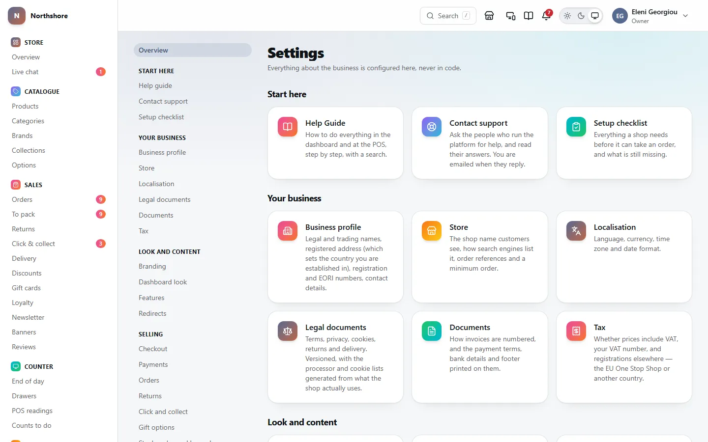 Settings: every settings screen down the left in groups, and a card for each, such as Help guide, Business profile and Tax.