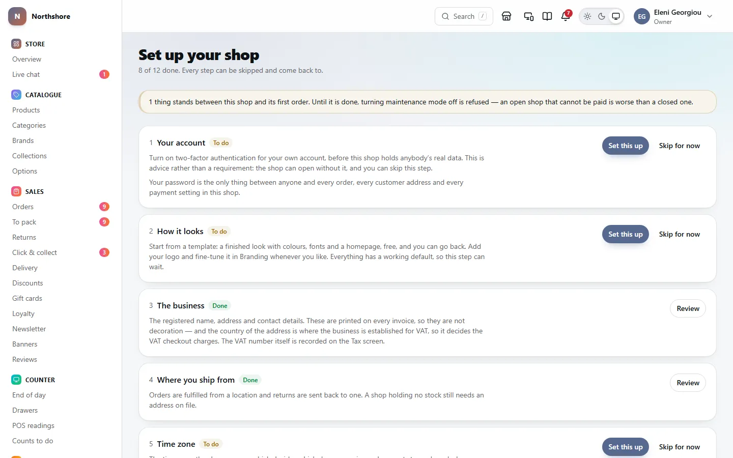 The setup checklist: each numbered step, such as Your account and The business, marked Done or To do, with Set this up and Skip for now buttons.