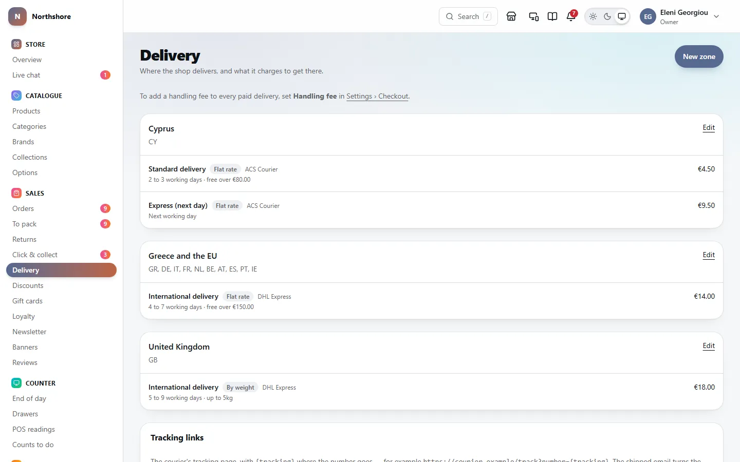 Delivery: each zone, such as Cyprus, and Greece and the EU, with its delivery methods, courier, delivery time and price.