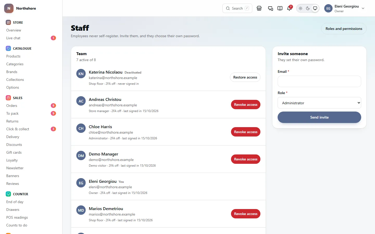 The staff list: each person with their email, role, two-factor sign-in and last sign-in, a Revoke access or Restore access button, and an Invite someone form on the right.